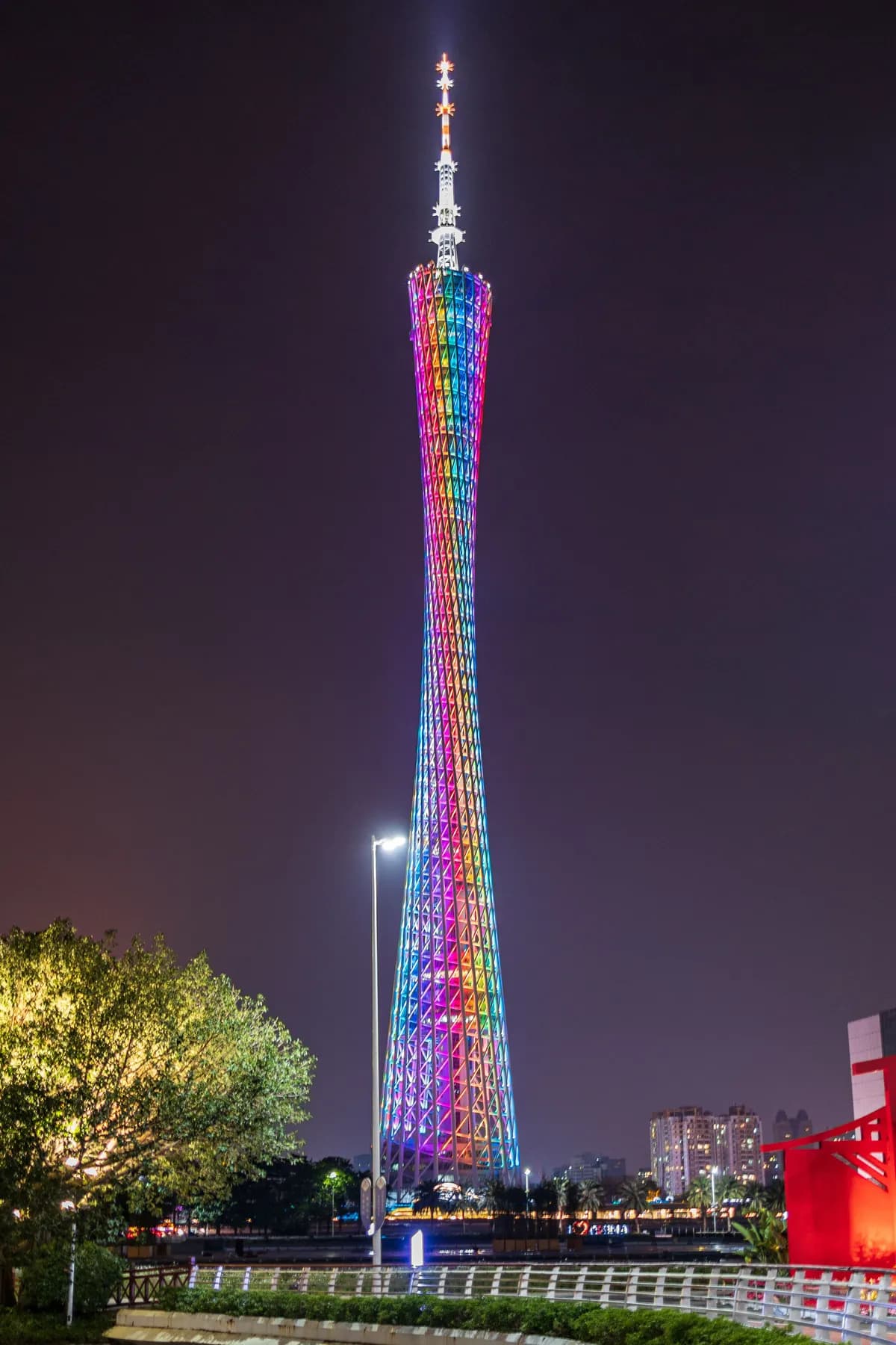 Canton Tower lit at night in Guangzhou